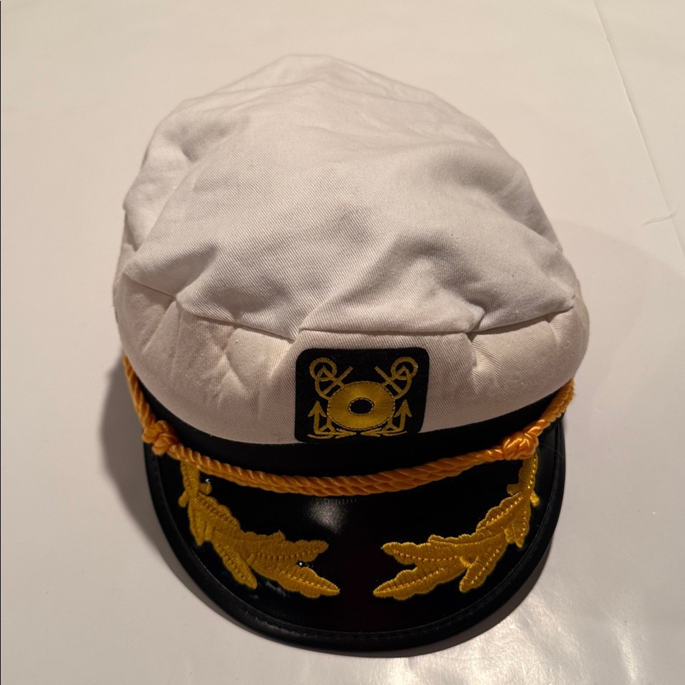 White and Black Captain Hat with Gold Embroidery